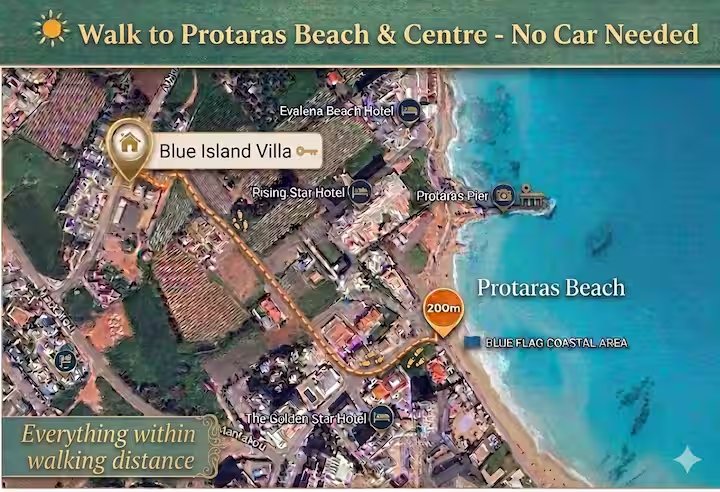 Map: Blue Island Villa is a 200m walk to Protaras Beach and centre